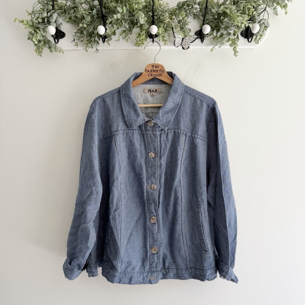 Flax Chambray Denim Button Down Shacket XL linen blend lagenlook bohemian O5877